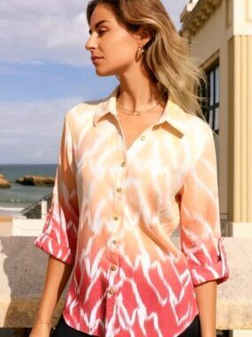 JM Collection Womens Size 12 Top Blouse Button Front 100% Linen 3/4 Sleeves